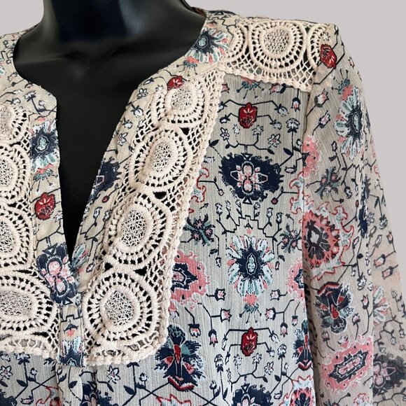 Maurices Blouse Women Small Boho Floral Crochet Tunic Top Cottage Feminine Sheer - Picture 5 of 10